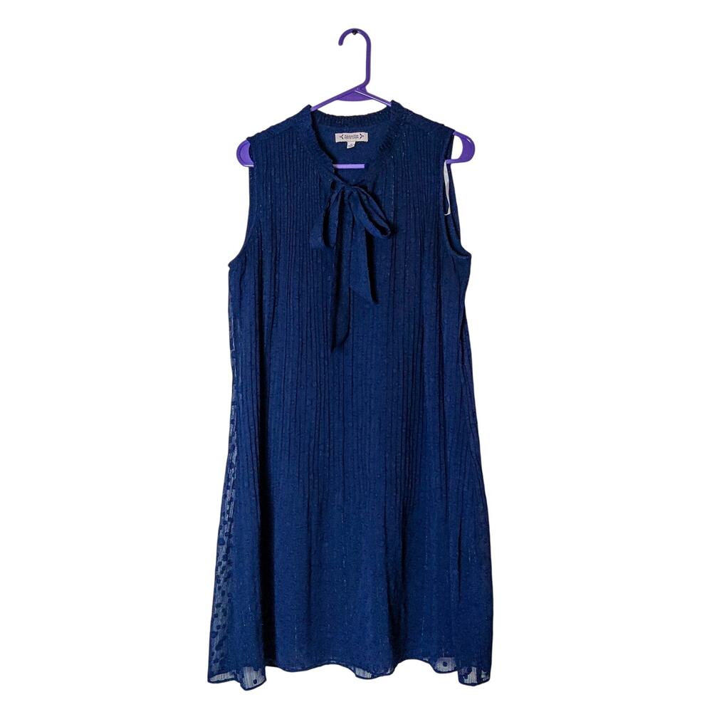 Nanette Lepore Tie Neck Flocked Polka Dot Chiffon Navy Blue Party Shift Dress 8